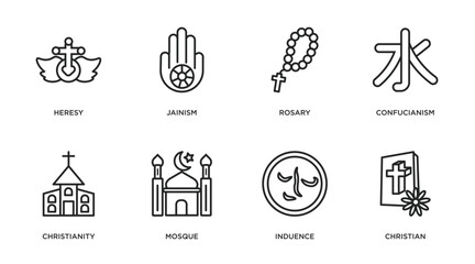 religion outline icons set. thin line icons such as heresy, jainism, rosary, confucianism, christianity, mosque, induence, christian vector.
