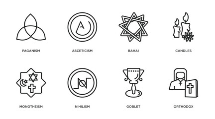 religion outline icons set. thin line icons such as paganism, asceticism, bahai, candles, monotheism, nihilism, goblet, orthodox vector. - obrazy, fototapety, plakaty