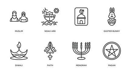 religion outline icons set. thin line icons such as muslim, noah ark, , easter bunny, diwali, faith, menorah, pagan vector.