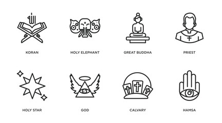 religion outline icons set. thin line icons such as koran, holy elephant, great buddha, priest, holy star, god, calvary, hamsa vector.