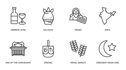 religion outline icons set. thin line icons such as hebrew wine, kalasha, moses, india, ark of the convenant, dreidel, israel barley, crescent moon and star vector.
