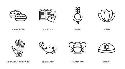 religion outline icons set. thin line icons such as sufganiyah, halakha, bindi, lotus, henna painted hand, genie lamp, manna jar, kippah vector.