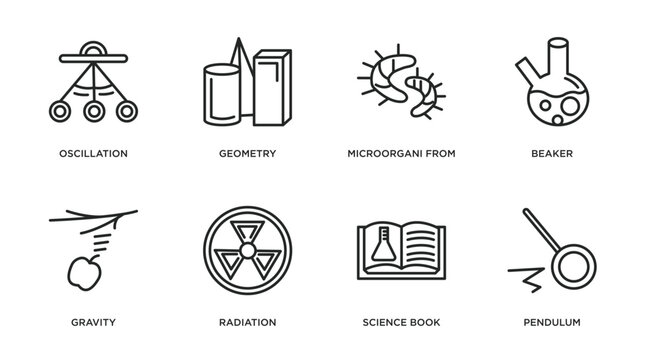 science outline icons set. thin line icons such as oscillation, geometry, microorgani from science collection. thin, beaker, gravity, radiation, science book, pendulum vector.