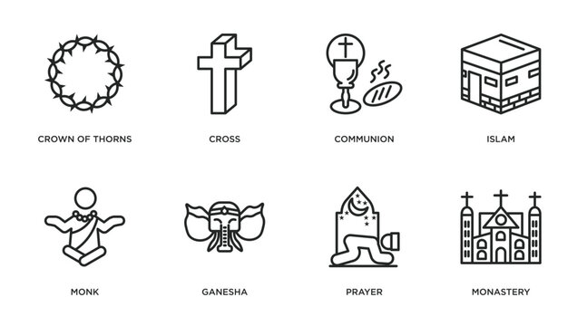 religion outline icons set. thin line icons such as crown of thorns, cross, communion, islam, monk, ganesha, prayer, monastery vector.