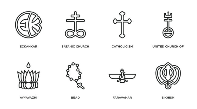 religion outline icons set. thin line icons such as eckankar, satanic church, catholicism, united church of christ, ayyavazhi, bead, faravahar, sikhism vector.