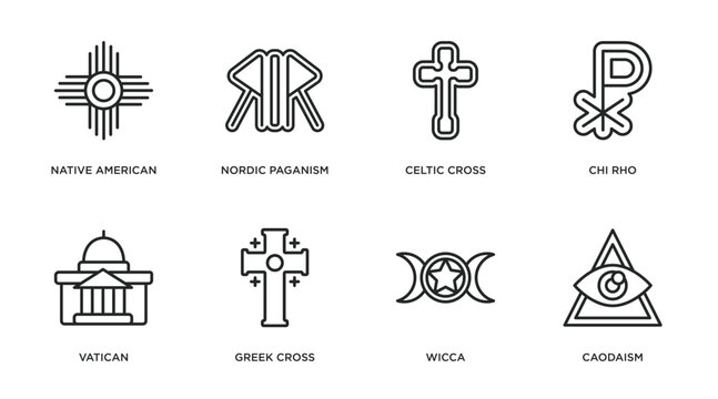 religion outline icons set. thin line icons such as native american sun, nordic paganism, celtic cross, chi rho, vatican, greek cross, wicca, caodaism vector.