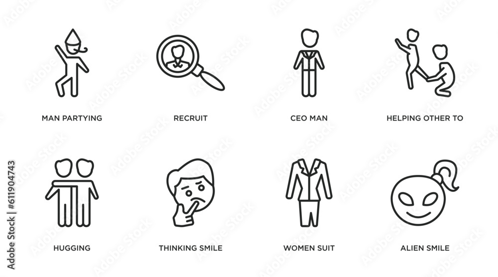 Wall mural people outline icons set. thin line icons such as man partying, recruit, ceo man, helping other to jump, hugging, thinking smile, women suit, alien smile vector.