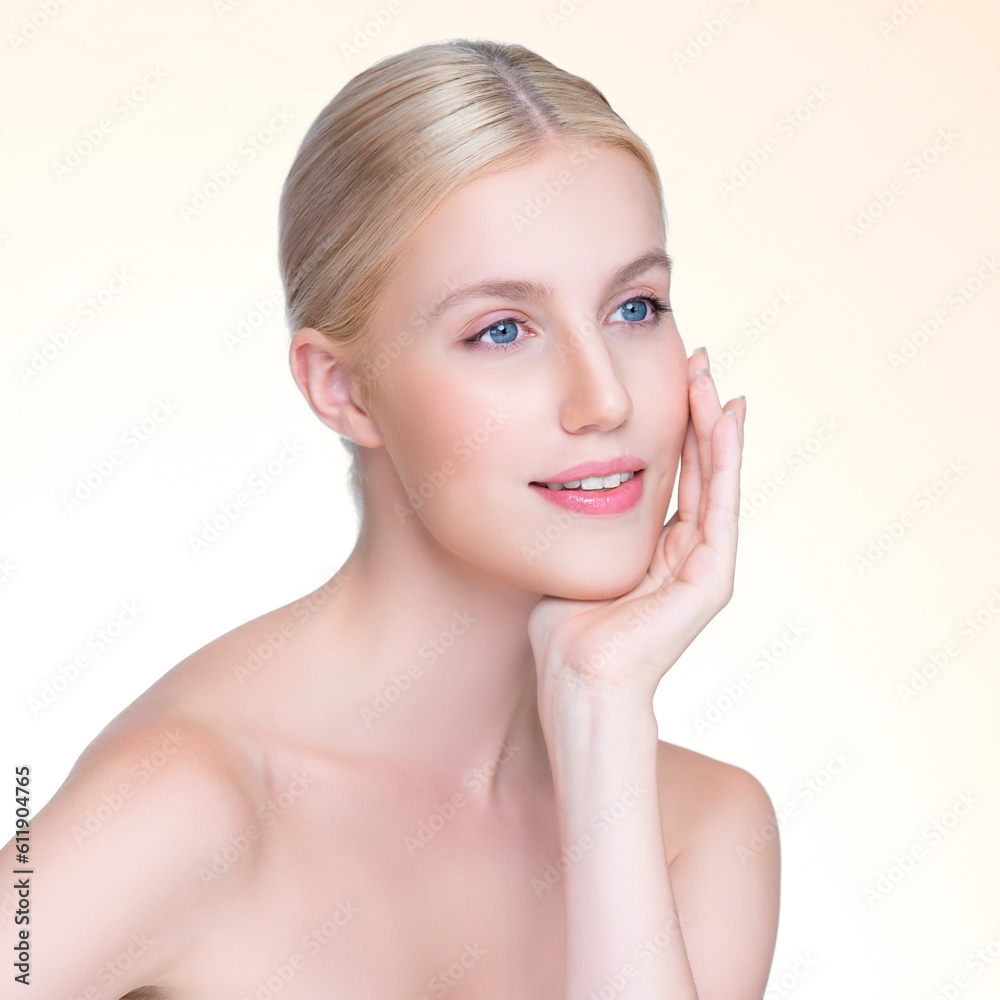 Wall mural Personable beautiful woman portrait with perfect smooth clean skin and natural makeup portrait in isolated background. Hand gesture with expressive facial expression for beauty model concept.