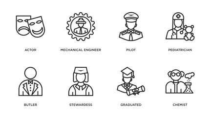 professions outline icons set. thin line icons such as actor, mechanical engineer, pilot, pediatrician, butler, stewardess, graduated, chemist vector.