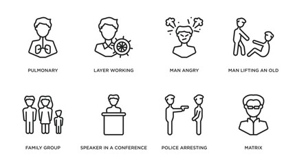 people outline icons set. thin line icons such as pulmonary, layer working, man angry, man lifting an old man, family group, speaker in a conference, police arresting matrix vector.