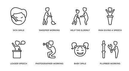 people outline icons set. thin line icons such as sick smile, sweeper working, help the elderly, man giving a speech, leader speech, photographer working, baby smile, plumber working vector.