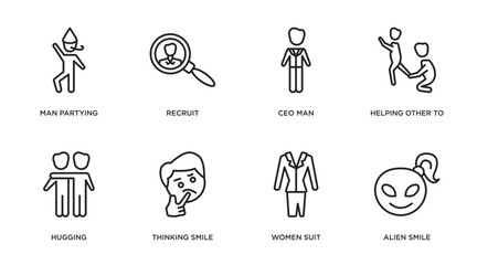 people outline icons set. thin line icons such as man partying, recruit, ceo man, helping other to jump, hugging, thinking smile, women suit, alien smile vector.