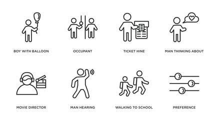 people outline icons set. thin line icons such as boy with balloon, occupant, ticket hine, man thinking about love, movie director, man hearing, walking to school, preference vector.