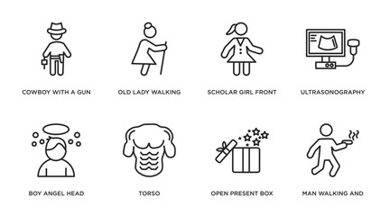 people outline icons set. thin line icons such as cowboy with a gun, old lady walking, scholar girl front, ultrasonography, boy angel head, torso, open present box, man walking and smoking vector.