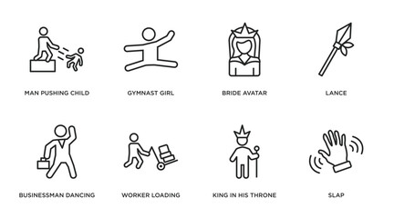 people outline icons set. thin line icons such as man pushing child, gymnast girl, bride avatar, lance, businessman dancing, worker loading, king in his throne, slap vector.