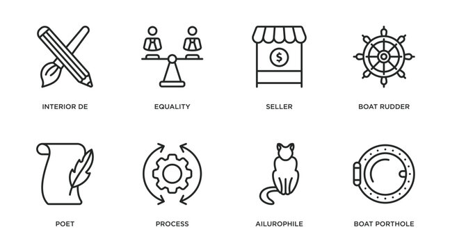 people skills outline icons set. thin line icons such as interior de, equality, seller, boat rudder, poet, process, ailurophile, boat porthole vector.