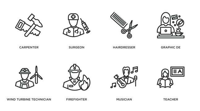 professions outline icons set. thin line icons such as carpenter, surgeon, hairdresser, graphic de, wind turbine technician, firefighter, musician, teacher vector.
