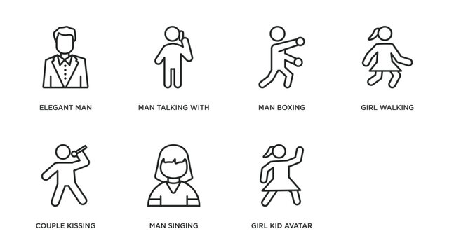 people outline icons set. thin line icons such as elegant man, man talking with phone, man boxing, girl walking, couple kissing, singing, girl kid avatar, dancing girl vector.