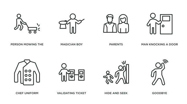 people outline icons set. thin line icons such as person mowing the grass, magician boy, parents, man knocking a door, chef uniform, validating ticket, hide and seek, goodbye vector.