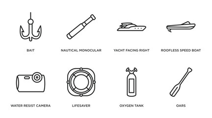 nautical outline icons set. thin line icons such as bait, nautical monocular, yacht facing right, roofless speed boat, water resist camera, lifesaver, oxygen tank, oars vector.
