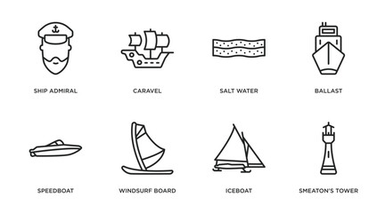 nautical outline icons set. thin line icons such as ship admiral, caravel, salt water, ballast, speedboat, windsurf board, iceboat, smeaton's tower vector.