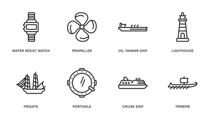 nautical outline icons set. thin line icons such as water resist watch, propeller, oil tanker ship, lighthouse, frigate, porthole, cruise ship, trireme vector.