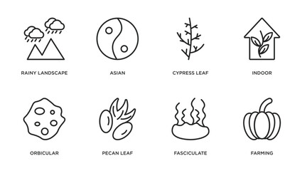 nature outline icons set. thin line icons such as rainy landscape, asian, cypress leaf, indoor, orbicular, pecan leaf, fasciculate, farming vector.