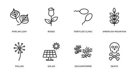 nature outline icons set. thin line icons such as poplar leaf, roses, fertilize clinic, american mountain ash, pollen, solar, escuamiforme, death vector.