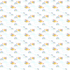Helicopter on the sky with rainbow and cloud pattern seamless
