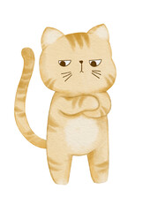 watercolor cartoon cute style of cat illustration, orange cat, yellow cat, fat cat