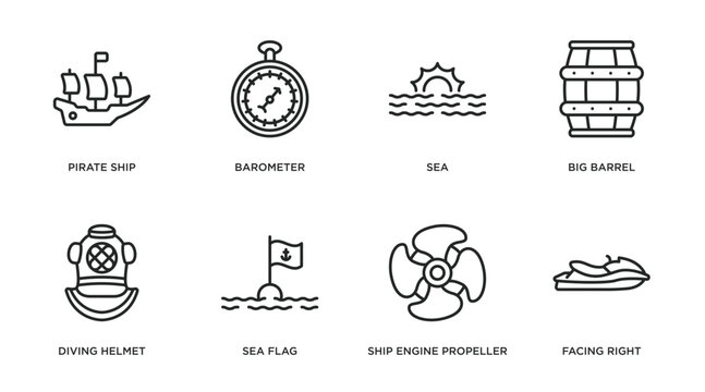 nautical outline icons set. thin line icons such as pirate ship, barometer, sea, big barrel, diving helmet, sea flag, ship engine propeller, facing right vector.