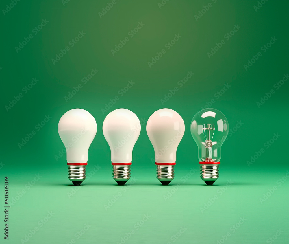 Poster A row of 4 white light bulbs, capturing attention with one different bulb. Symbolic of the significance of differentiation and the power of choice. The concept of Idea. AI generative.