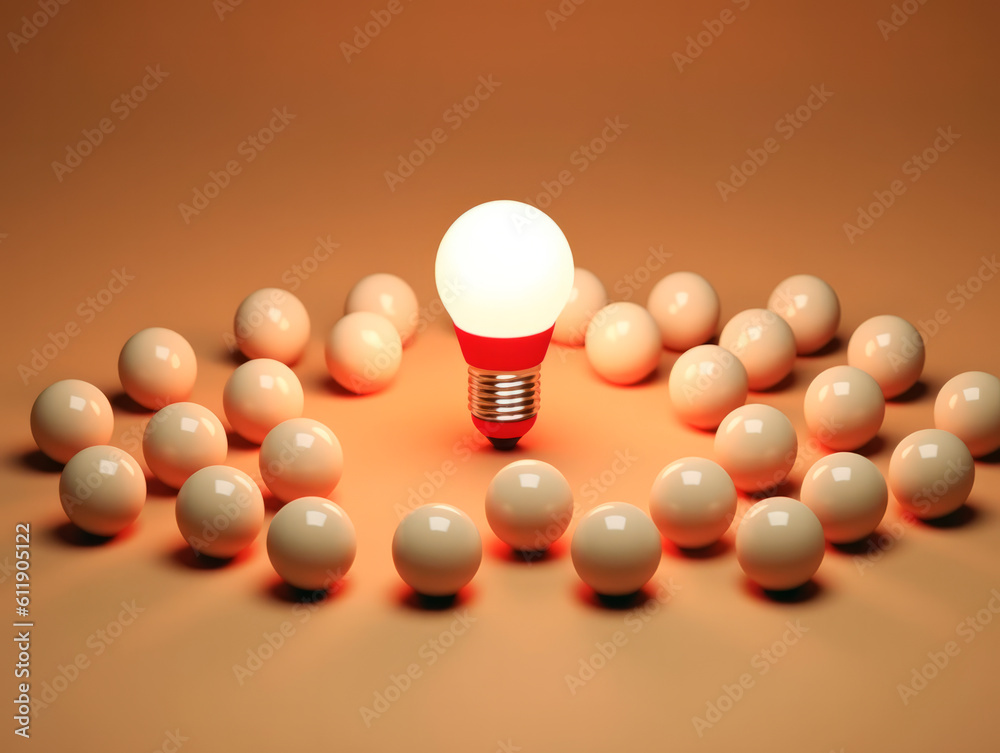 Poster many light bulbs, capturing attention with one distinct huge white glowing bulb in the middle. symbo