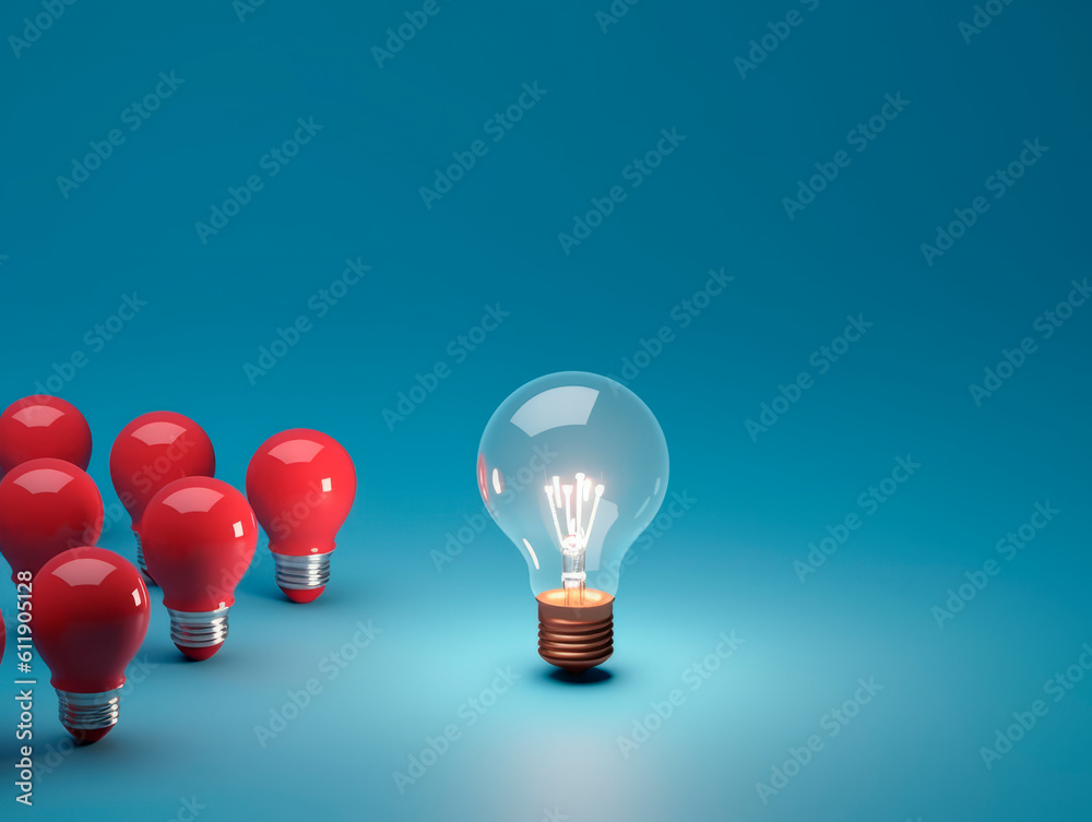 Poster many red light bulbs, capturing attention with one distinct huge white glowing bulb in the middle. s