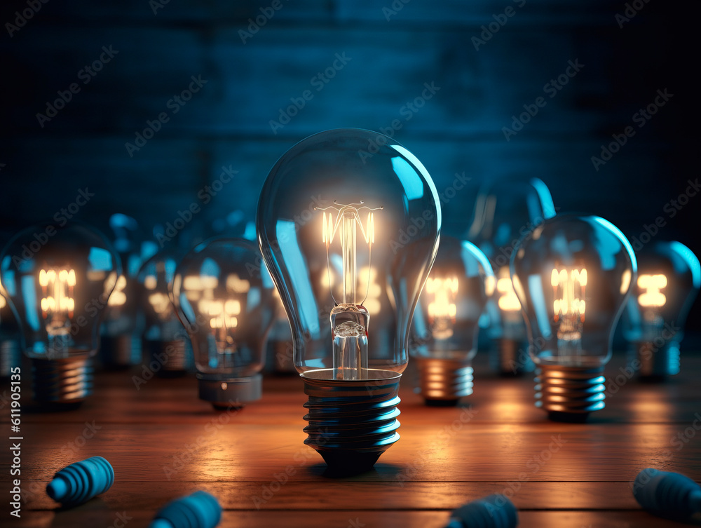 Aufkleber A group of Multiple retro-style light bulbs in a dark room, casting a nostalgic glow. They create a captivating vintage ambiance. Idea concept. Teamwork. AI generative illustration.