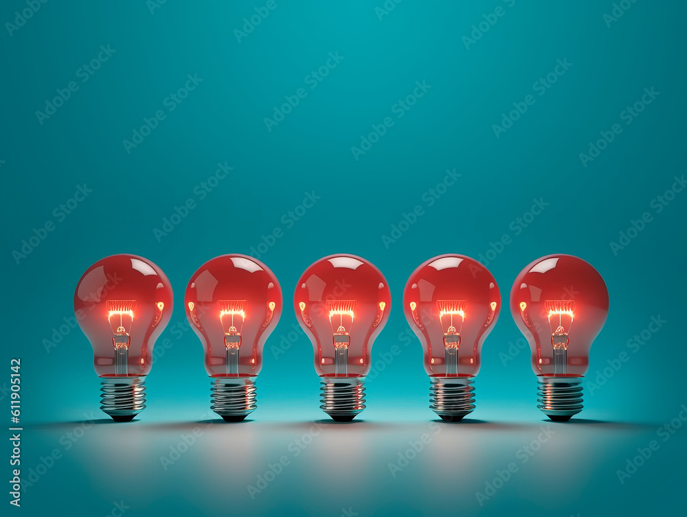 Poster A row of glowing red light bulbs, capturing attention with symbolic power of choice. The concept of Idea. AI generative.