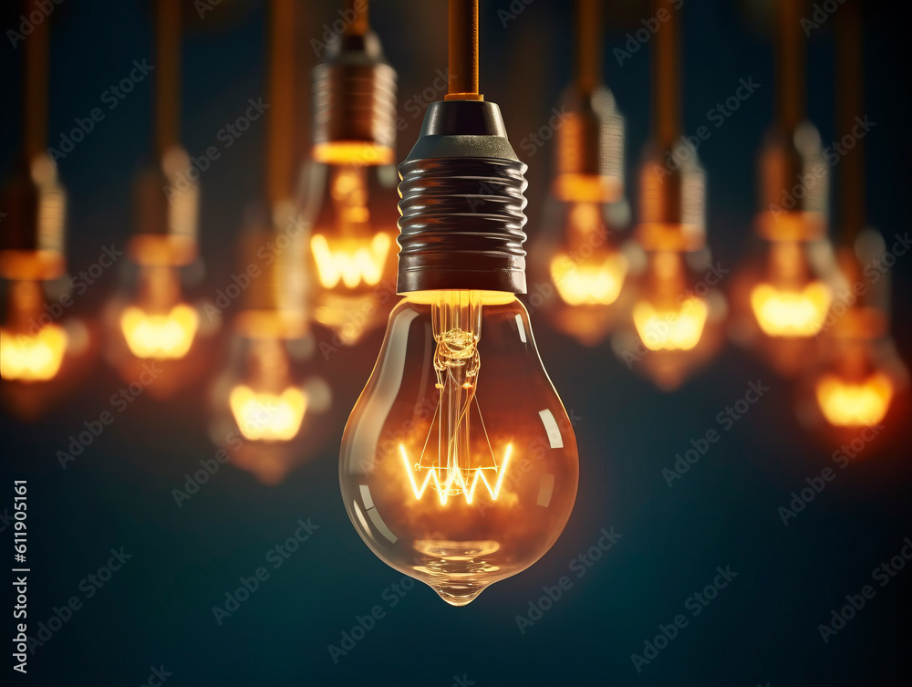 Poster Multiple retro-style light bulbs hang from the ceiling in a dark room, casting a nostalgic glow. They create a captivating vintage ambiance. Idea concept. Teamwork. AI generative illustration.