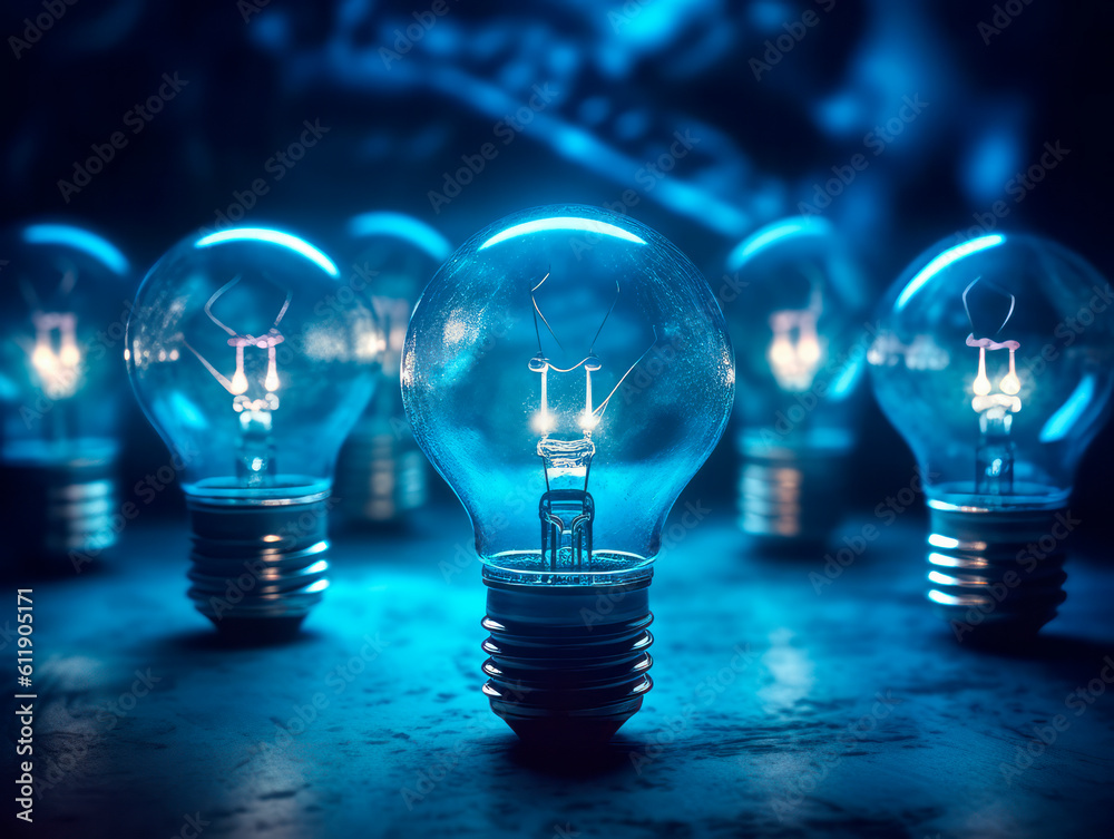 Poster A group of Multiple retro-style light bulbs in a dark room, casting a nostalgic glow. They create a captivating vintage ambiance. Idea concept. Teamwork. AI generative illustration.