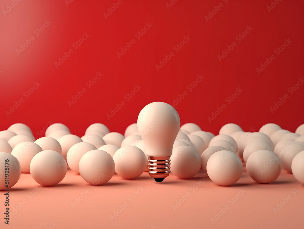 Poster Many white light bulbs, capturing attention with one distinct huge bulb in the middle. Symbolic power of choice. The concept of Idea and Leadership. AI generative.