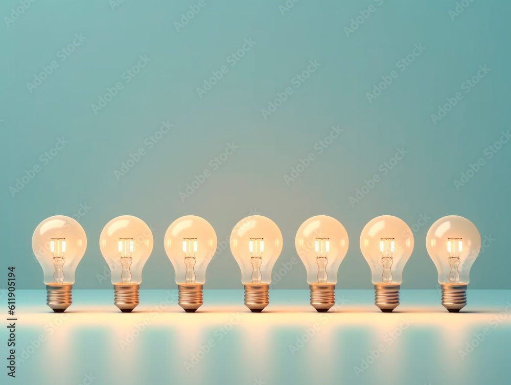 Poster A row of glowing white light bulbs, capturing attention with symbolic power of choice. The concept of Idea. AI generative.