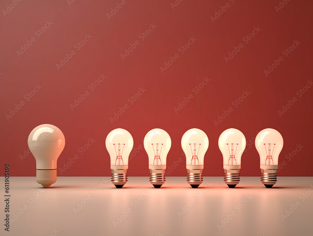 Poster a row of white light bulbs, capturing attention with one distinct huge bulb. symbolic power of choic
