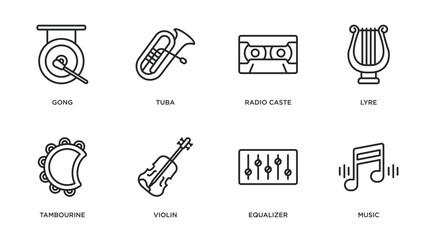 music outline icons set. thin line icons such as gong, tuba, radio caste, lyre, tambourine, violin, equalizer, music vector.