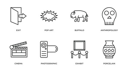 museum outline icons set. thin line icons such as exit, pop art, buffalo, anthropology, cinema, photographic, exhibit, porcelain vector.