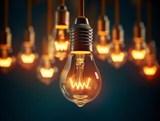 Multiple retro-style light bulbs hang from the ceiling in a dark room, casting a nostalgic glow. They create a captivating vintage ambiance. Idea concept. Teamwork. AI generative illustration. - 611905161