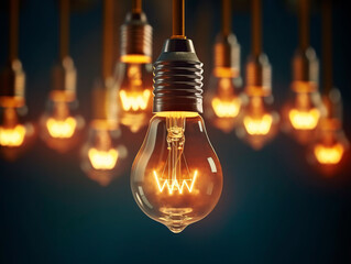 Multiple retro-style light bulbs hang from the ceiling in a dark room, casting a nostalgic glow. They create a captivating vintage ambiance. Idea concept. Teamwork. AI generative illustration.