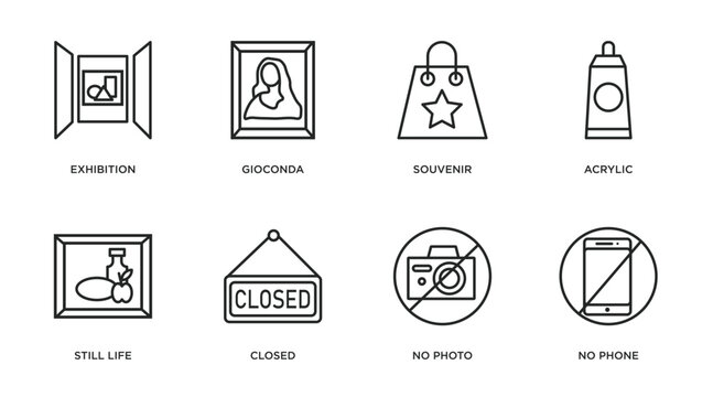 museum outline icons set. thin line icons such as exhibition, gioconda, souvenir, acrylic, still life, closed, no photo, no phone vector.