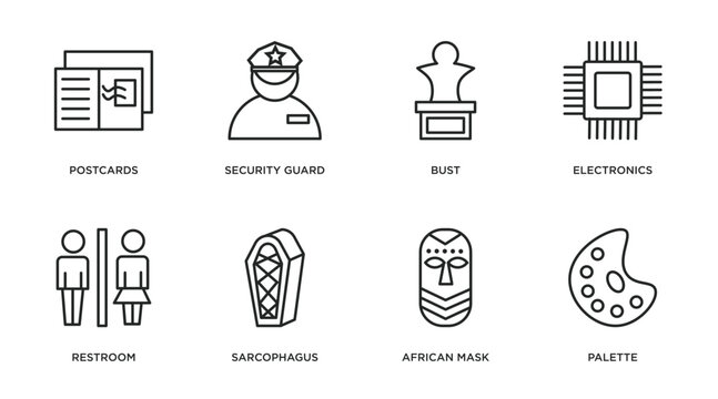 museum outline icons set. thin line icons such as postcards, security guard, bust, electronics, restroom, sarcophagus, african mask, palette vector.