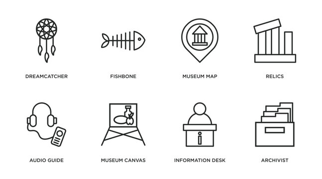 museum outline icons set. thin line icons such as dreamcatcher, fishbone, museum map, relics, audio guide, museum canvas, information desk, archivist vector.