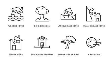 meteorology outline icons set. thin line icons such as flooding house, bomb explosion, landslide and house, avalanche and house, broken earthquake and home, broken tree by wind, windy earth vector.
