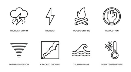 meteorology outline icons set. thin line icons such as thunder storm, thunder, woods on fire, revolution, tornado season, cracked ground, tsunami wave, cold temperature vector.